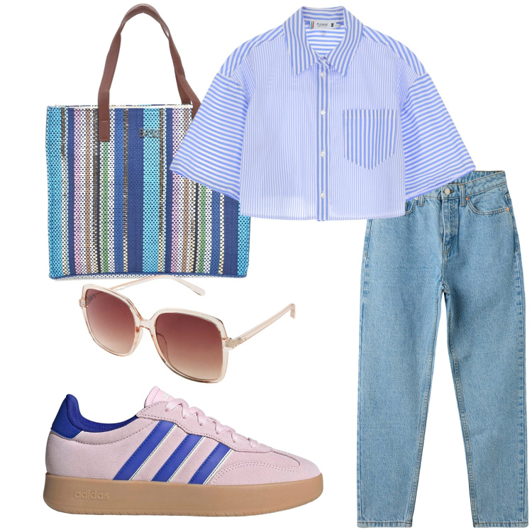 Outfit donna - Mattinata di shopping. Stile Casual per Tutti i giorni. Abbinamento con occhiali da sole, jeans mom, camicie, shopping bag, sneakers.