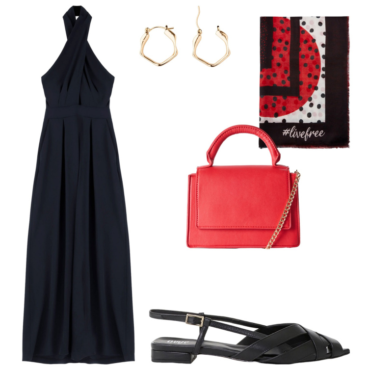 Outfit donna - Cena d\'estate. Stile Minimal per Serata fuori. Abbinamento con orecchini, borse a tracolla, tute, sandali, foulard.