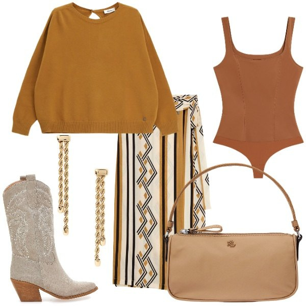 Outfit donna - Fantasia geometrica. Stile Trendy per Tutti i giorni. Abbinamento con gonne longuette, maglieria, body, orecchini, pochette, stivaletti texani.