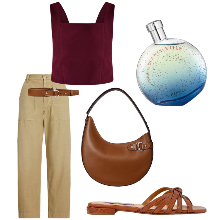 Outfit donna - Total look #2238368. Stile Casual chic per Tutti i giorni. Abbinamento con profumi, top, borse a spalla, pantaloni, sandali in pelle, cinture.