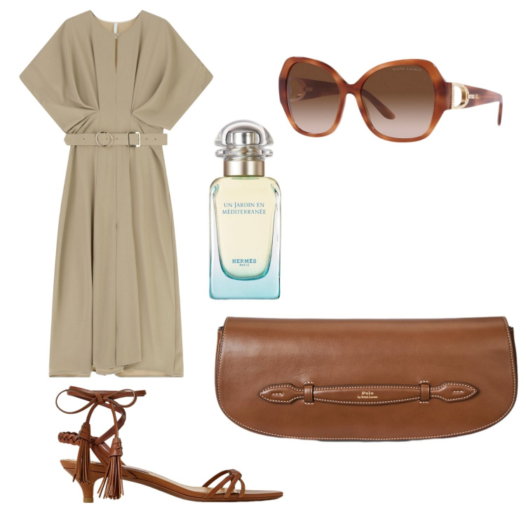Outfit donna - Total look #2238370. Stile Chic per Cerimonia. Abbinamento con profumi, vestiti lunghi, occhiali da sole, clutch, sandali col tacco.