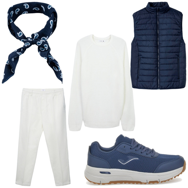 Outfit uomo - Settembre. Stile Casual per Tutti i giorni. Abbinamento con gilet, maglieria, pantaloni, sciarpe e foulard, sneakers.