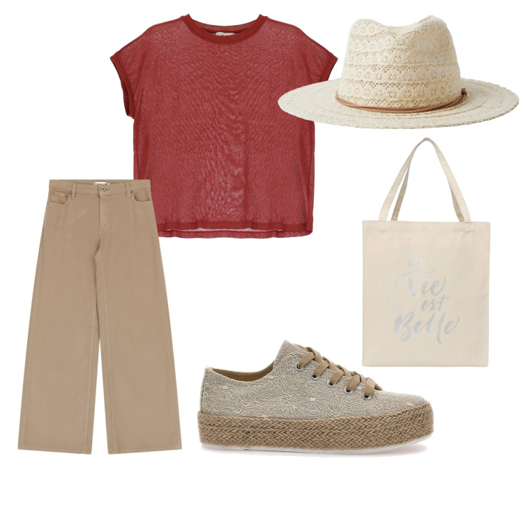 Outfit donna - In vacanza per città d\'arte. Stile Basic per Tutti i giorni. Abbinamento con borse tote, cappelli, pantaloni, t-shirt, espadrillas.