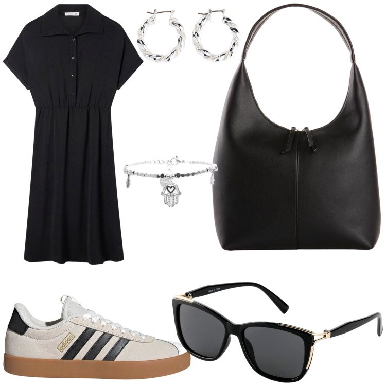 Outfit donna - In nero di giorno. Stile Basic per Tutti i giorni. Abbinamento con orecchini, occhiali da sole, shopping bag, vestiti chemisier, braccialetti, sneakers.