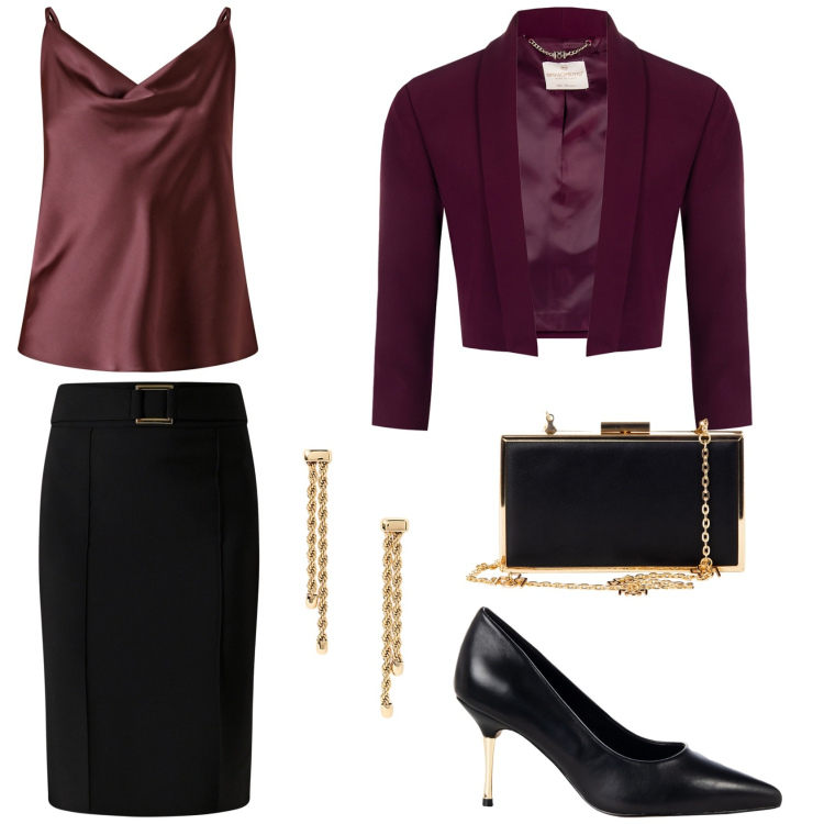 Outfit donna - Serata speciale. Stile Chic per Serata fuori. Abbinamento con gonne, blazer, canottiere, décolleté, pochette, orecchini.