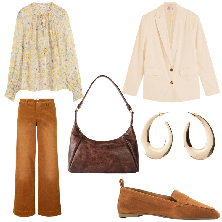 Outfit donna - In ufficio. Stile Casual per Ufficio. Abbinamento con pantaloni, bluse, blazer, orecchini, borse a mano, mocassini.