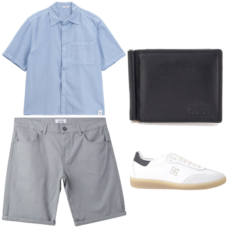 Outfit uomo - Aperitivo con amici. Stile Casual Abbinamento con bermuda, sneakers, camicie, portafogli.