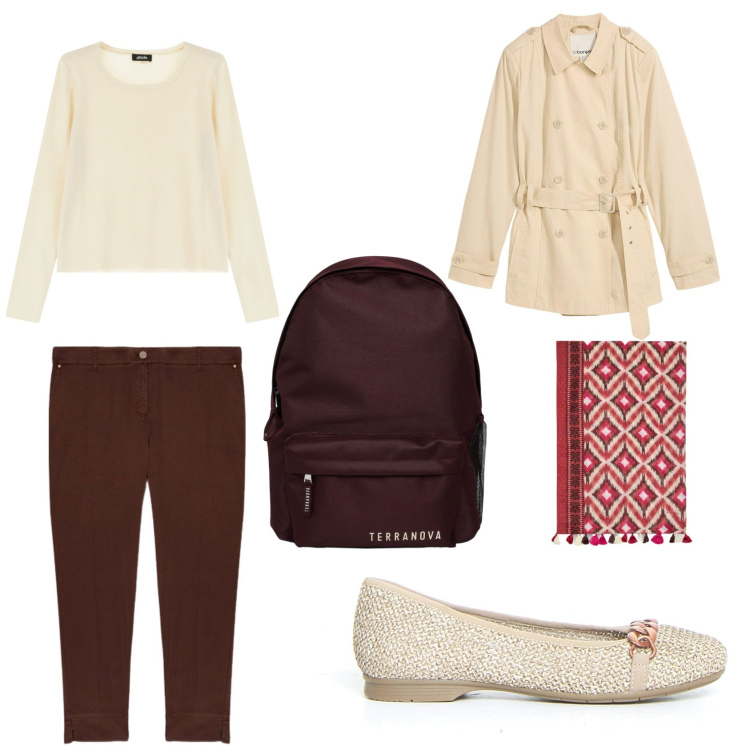 Outfit donna - A scuola. Stile Casual per Scuola/Università. Abbinamento con trench, zaini, pullovers, ballerine, sciarpe, pantaloni chino.