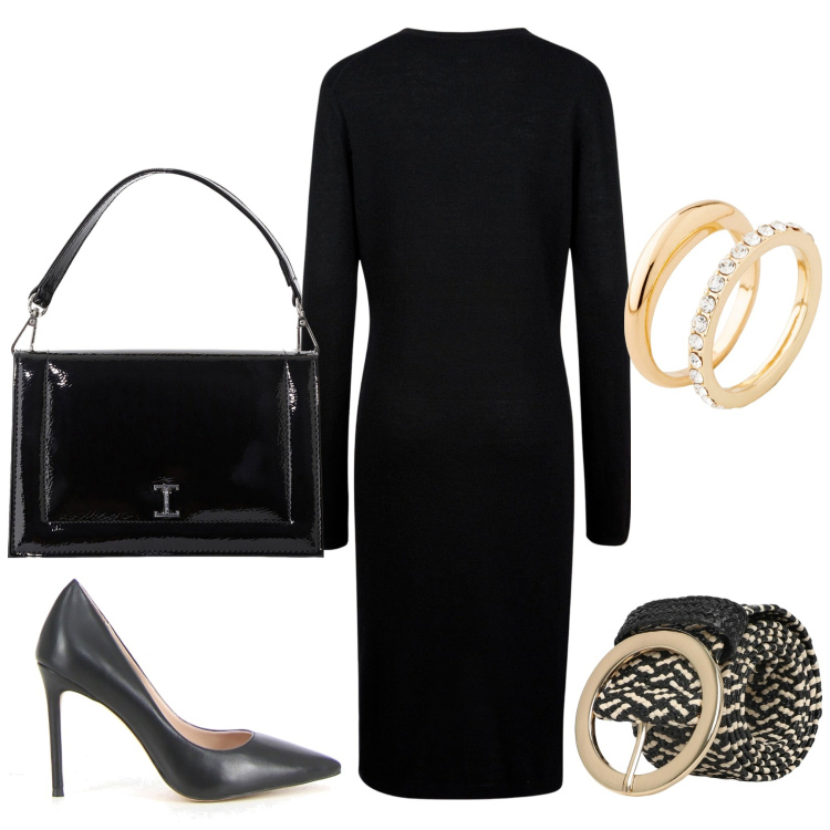 Outfit donna - Il tubino nero. Stile Sexy per Serata fuori. Abbinamento con anelli, cinture, borse a tracolla, vestiti midi/longuette, décolleté.