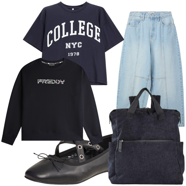 Outfit donna - Nuovo inizio. Stile Casual chic per Tutti i giorni. Abbinamento con zaini, ballerine, jeans, t-shirt, felpe con cappuccio.