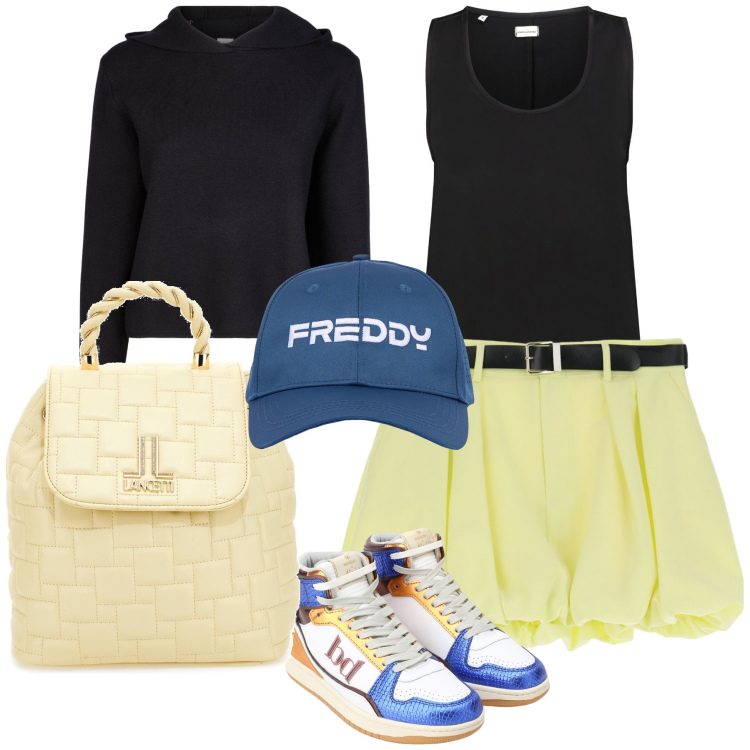 Outfit donna - Preppy school. Stile Preppy per Tutti i giorni. Abbinamento con minigonne, sneakers alte, cappelli, top, maglieria, zaini.