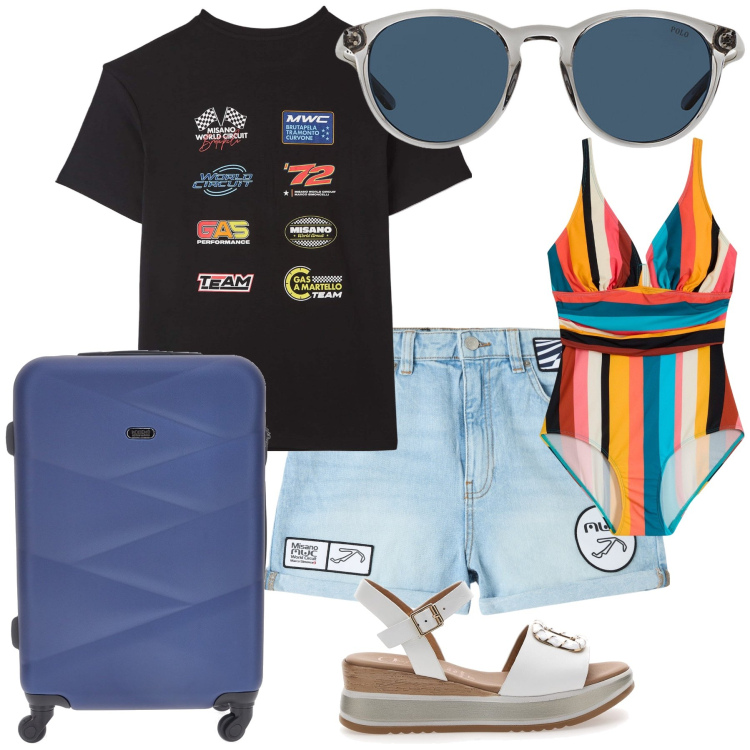 Outfit donna - Colorato mare di settembre. Stile Trendy per Mare. Abbinamento con costumi interi, shorts, t-shirt, occhiali da sole, valigie, sandali.