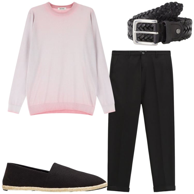 Outfit uomo - Aperitivo fine estate. Stile Casual per Serata speciale. Abbinamento con espadrillas, cinture, pullovers, pantaloni.