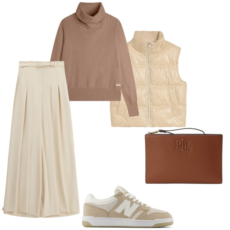 Outfit donna - Autunno. Stile Casual per Tutti i giorni. Abbinamento con piumini, sneakers, pantaloni a palazzo, maglieria, pochette.