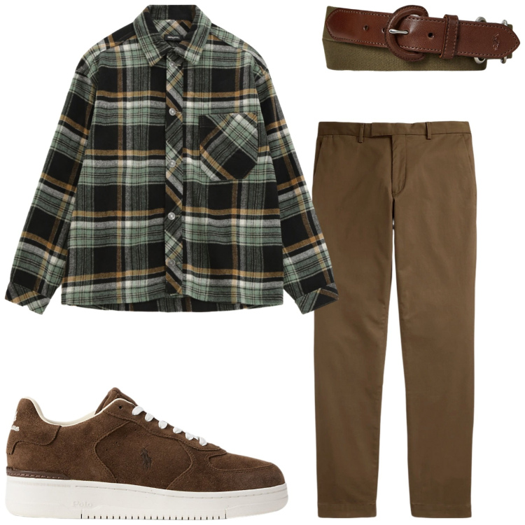 Outfit uomo - Country chic. Stile Casual per Tutti i giorni. Abbinamento con camicie, pantaloni chino, sneakers, cinture.