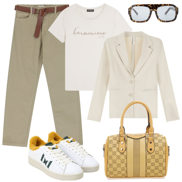 Outfit donna - Settembre casual chic. Stile Casual chic per Tutti i giorni. Abbinamento con pantaloni, blazer, occhiali da sole, sneakers, t-shirt, borse a spalla.