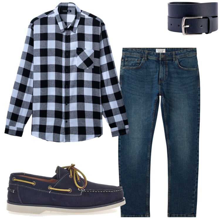 Outfit uomo - Country chic. Stile Casual per Tutti i giorni. Abbinamento con jeans, camicie, cinture, scarpe stringate.