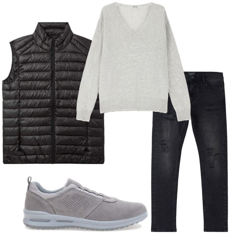 Outfit uomo - Gilet trapuntato. Stile Urban per Tutti i giorni. Abbinamento con jeans strappati, piumini, maglieria, sneakers.