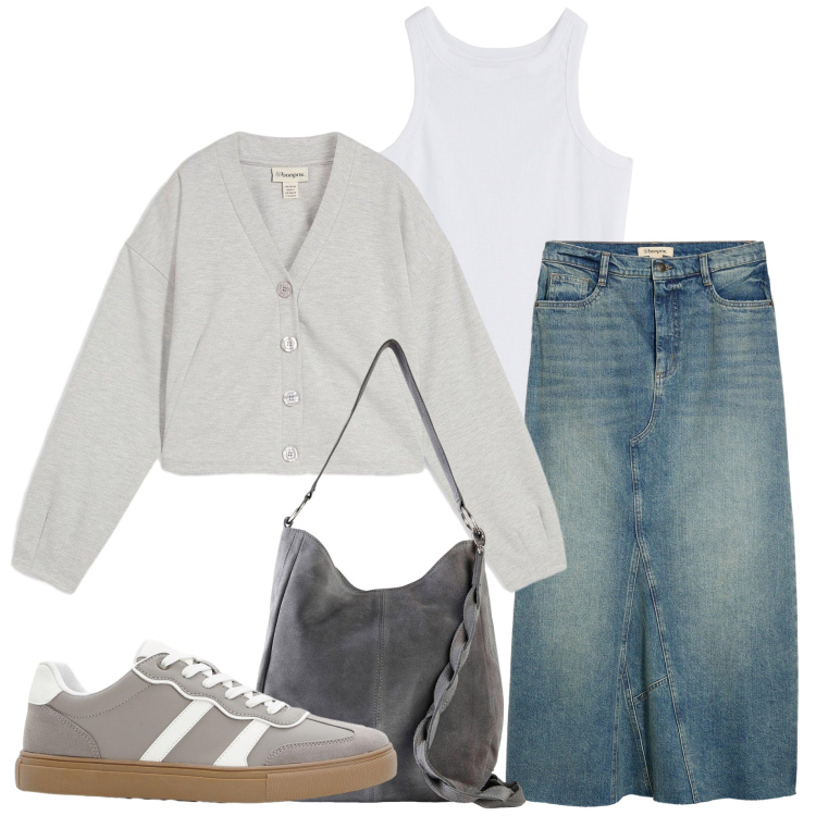 Outfit donna - Autunno Bonprix. Stile Casual per Tutti i giorni. Abbinamento con gonne, sneakers, felpe, borse a mano, canottiere.