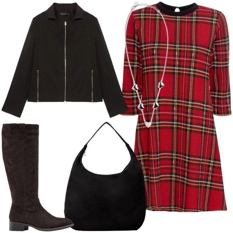 Outfit donna - Il ritorno del tartan Focus Donna Curvy. Stile Trendy per Tutti i giorni. Abbinamento con vestiti corti, stivali, borse a mano, collane, blazer.