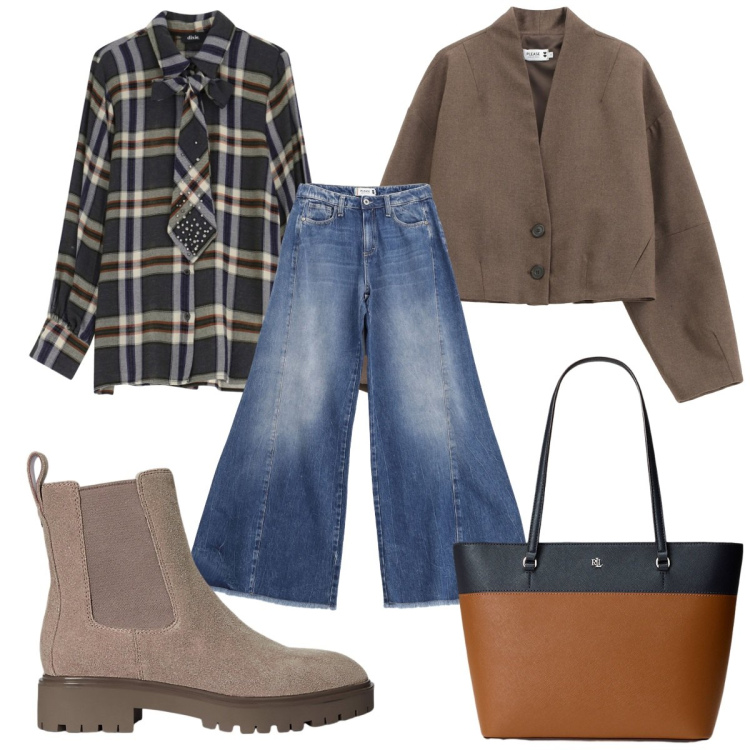 Outfit donna - Fall Collections FW25-70s. Stile 70s per Tutti i giorni. Abbinamento con blazer, jeans a zampa, camicie, stivaletti chelsea, borse tote.