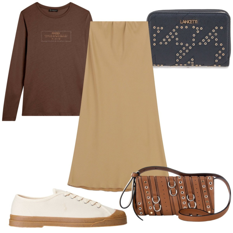 Outfit donna - Fall Collections FW25: in marrone. Stile Trendy per Tutti i giorni. Abbinamento con borse a spalla, gonne lunghe, t-shirt, sneakers, portafogli.