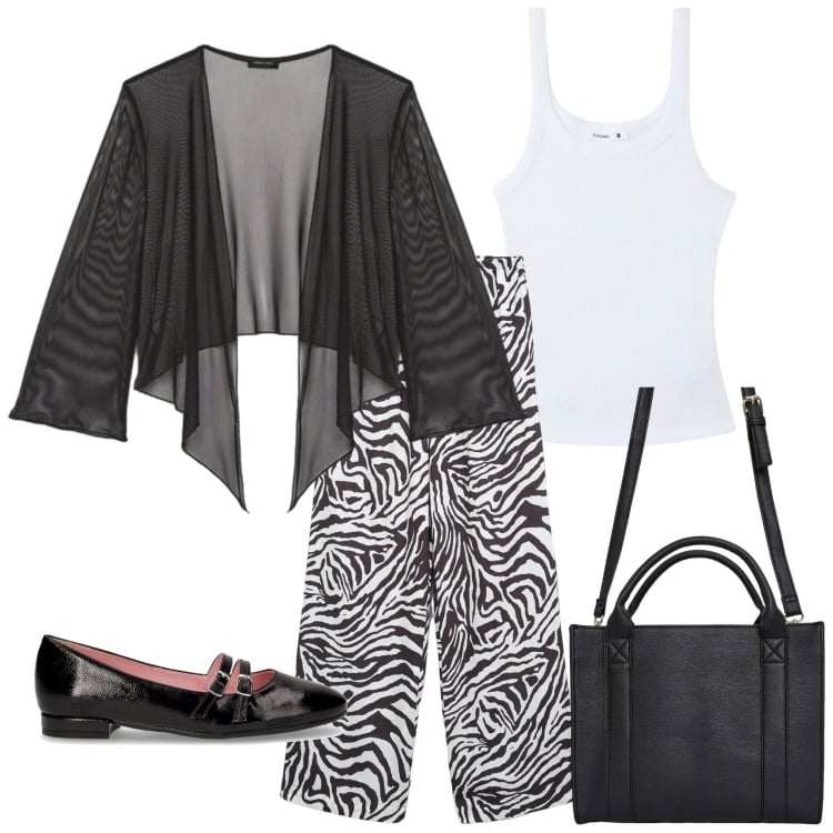 Outfit donna - Bianco, nero e fantasia. Stile Trendy per Tutti i giorni. Abbinamento con borse tote, pantaloni, canottiere, ballerine, bolero.