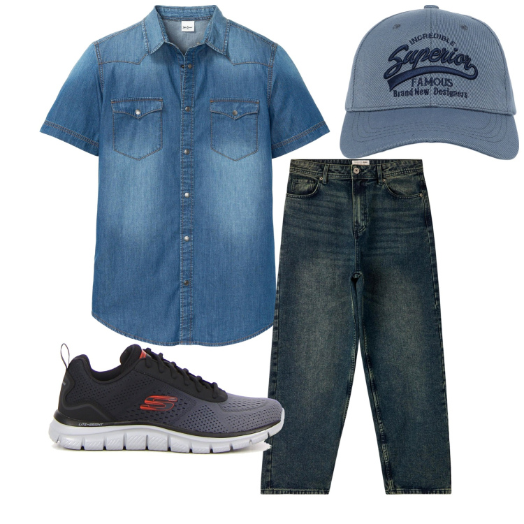 Outfit uomo - La camicia in jeans. Stile Casual per Tutti i giorni. Abbinamento con camicie a manica corta, cappelli con visiera, jeans, sneakers.