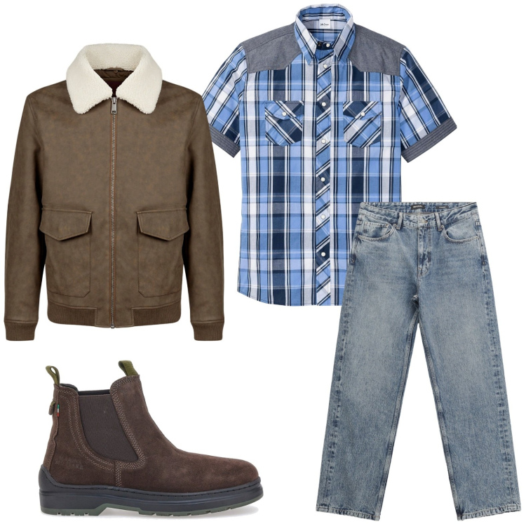 Outfit uomo - Country chic con camicia a quadri. Stile Trendy per Tutti i giorni. Abbinamento con camicie a manica corta, jeans dritti, stivali e stivaletti, giacche.