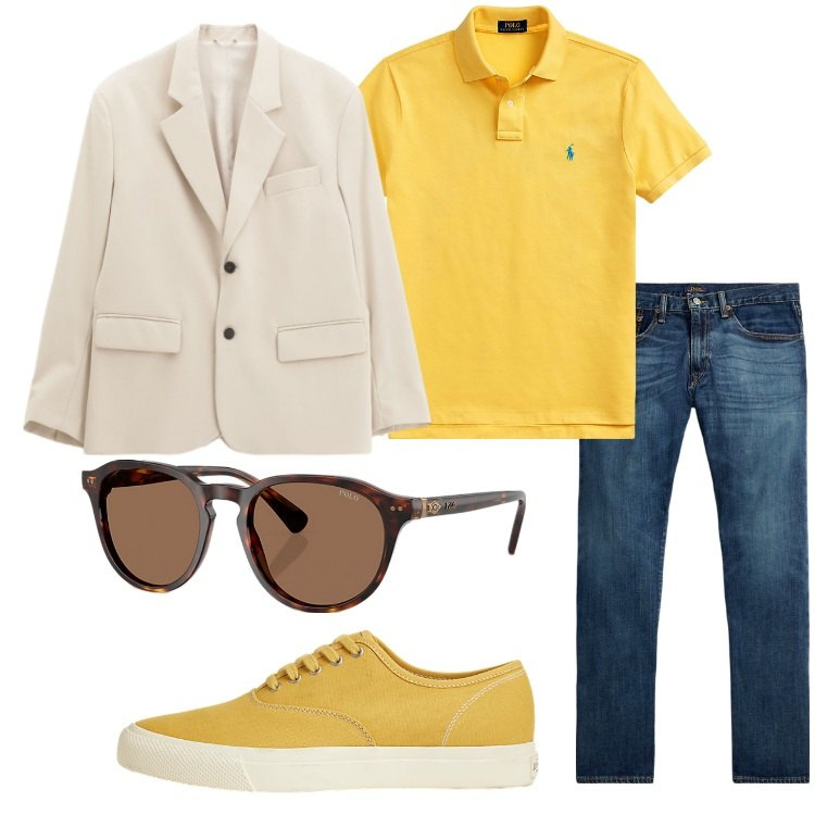 Outfit uomo - Aperitivo di fine estate in terrazza. Stile Trendy per Tutti i giorni. Abbinamento con giacche, jeans dritti, polo, occhiali da sole, sneakers.
