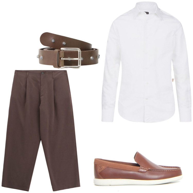 Outfit uomo - Aperitivo di fine estate in terrazza. Stile Casual per Tutti i giorni. Abbinamento con cinture, pantaloni, camicie, scarpe stringate.
