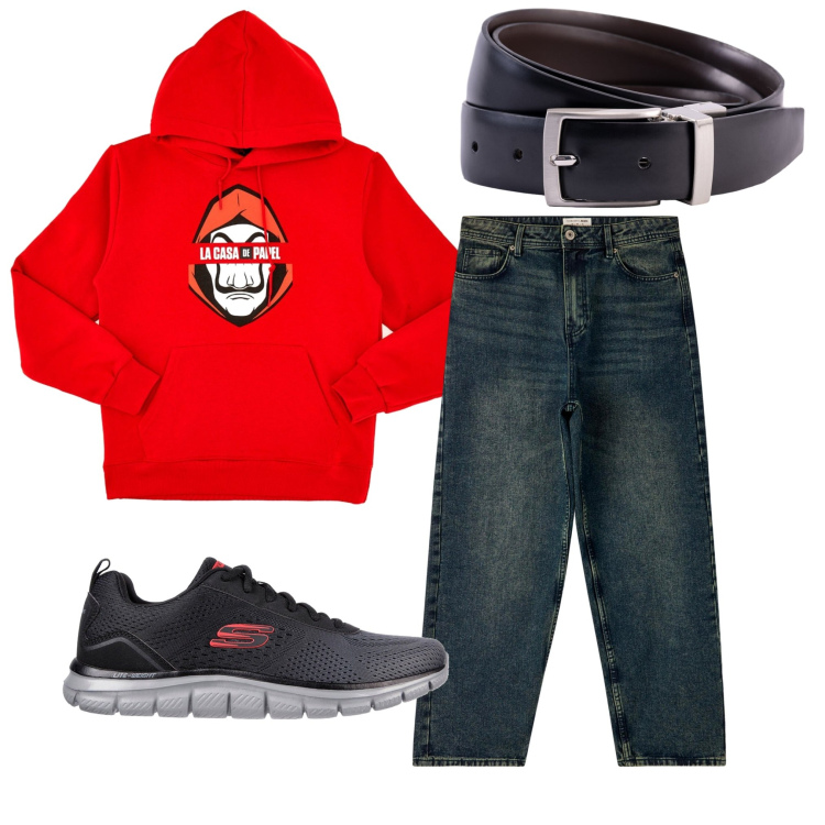 Outfit uomo - La felpa rossa. Stile Urban per Tutti i giorni. Abbinamento con jeans, cinture, sneakers, felpe.