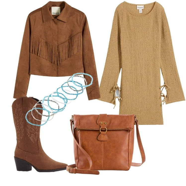Outfit donna - bonprix nuovi must-have autunnali FW26. Stile Etnico per Tutti i giorni. Abbinamento con stivali, vestiti corti, borse a tracolla, blazer, braccialetti.