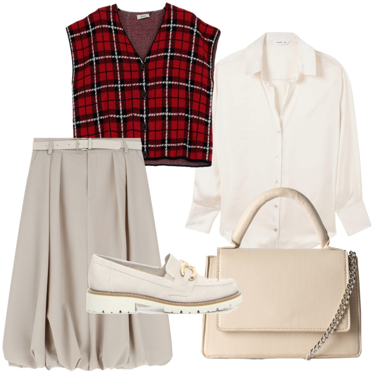 Outfit donna - Nuove tendenze: il ritorno del tartan. Stile Casual per Ufficio. Abbinamento con camicie, borse a tracolla, gonne longuette, gilet, mocassini.
