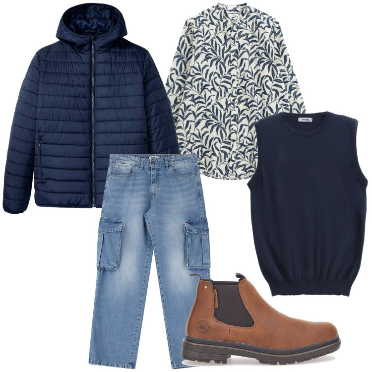 Outfit uomo - Stile trendy. Stile Trendy per Tutti i giorni. Abbinamento con giacche, camicie, jeans, maglieria, stivali e stivaletti.