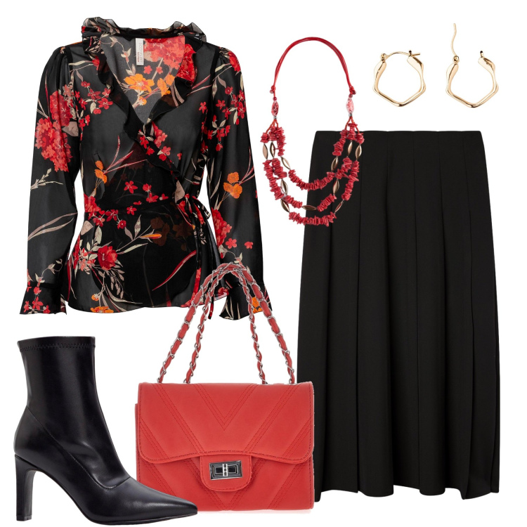 Outfit donna - Tocco di rosso. Stile Chic per Tutti i giorni. Abbinamento con stivaletti, bluse, orecchini, gonne lunghe, collane, borse a tracolla.