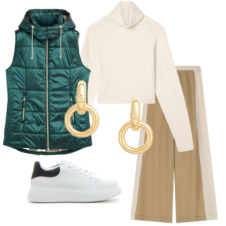 Outfit donna - Total look #2238473. Stile Minimal per Tutti i giorni. Abbinamento con gilet, maglieria, pantaloni, orecchini, sneakers.