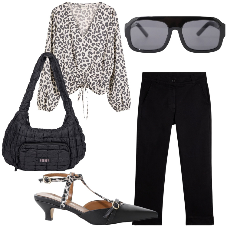 Outfit donna - Settembre. Stile Bon Ton per Ufficio. Abbinamento con bluse, occhiali da sole, décolleté, borse a spalla, pantaloni.