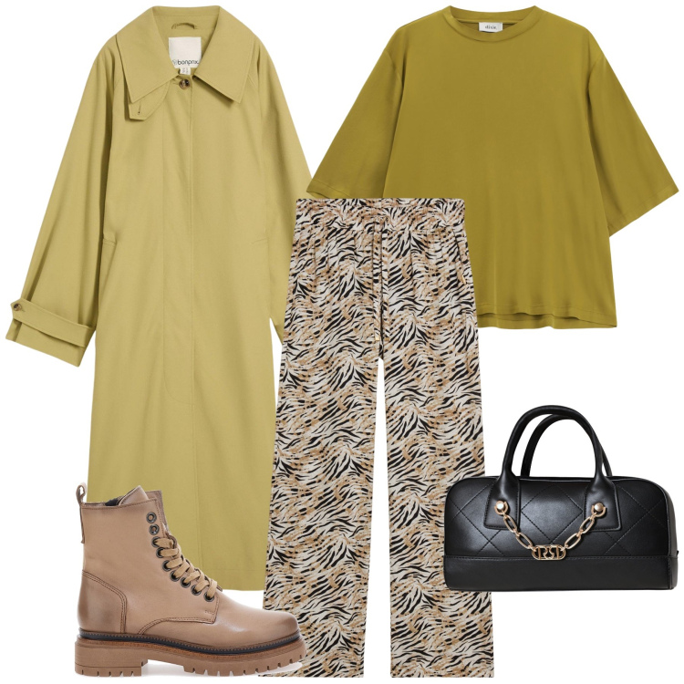 Outfit donna - Piove con classe. Stile Urban per Tutti i giorni. Abbinamento con trench, borse a mano, top, pantaloni, anfibi.