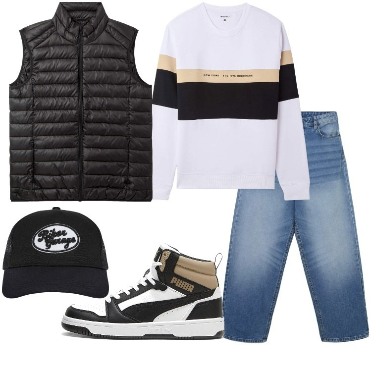 Outfit uomo - Strati con gilet trapuntato. Stile Urban per Tutti i giorni. Abbinamento con felpe con cappuccio, jeans, cappelli, piumini, sneakers alte.