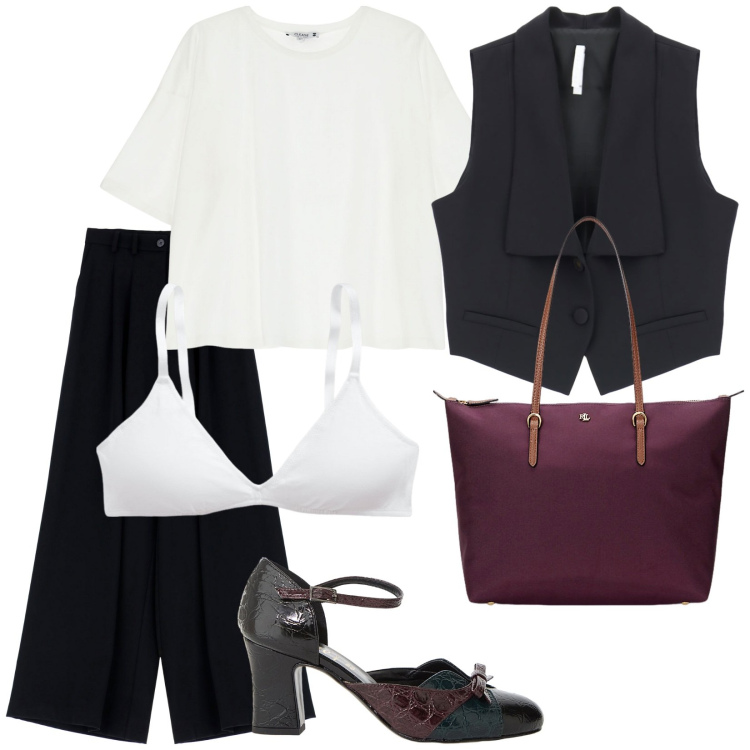 Outfit donna - Settembre al lavoro. Stile Bon Ton per Ufficio. Abbinamento con t-shirt, pantaloni, gilet, décolleté, reggiseni, borse tote.