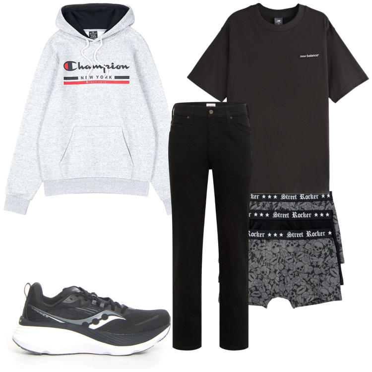 Outfit uomo - Total look #2238490. Stile Casual per Tutti i giorni. Abbinamento con jeans dritti, boxer, t-shirt, felpe con cappuccio, scarpe sportive.