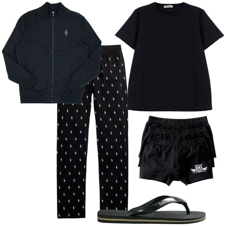 Outfit uomo - Home. Stile Casual per Tutti i giorni. Abbinamento con boxer, t-shirt, pantaloni, felpe, sandali.