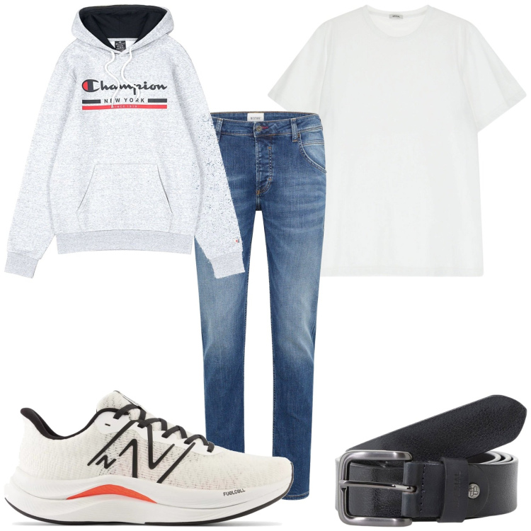 Outfit uomo - Sportivo in città. Stile Casual per Tutti i giorni. Abbinamento con jeans dritti, sneakers, cinture, t-shirt, felpe con cappuccio.
