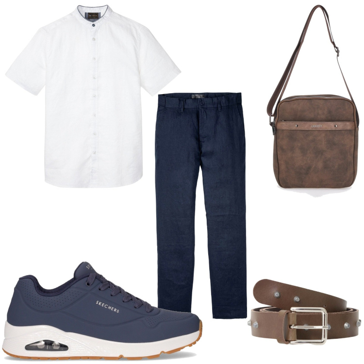 Outfit uomo - Sportivo in città. Stile Urban per Tutti i giorni. Abbinamento con camicie a manica corta, pantaloni, cinture, portafogli, sneakers.