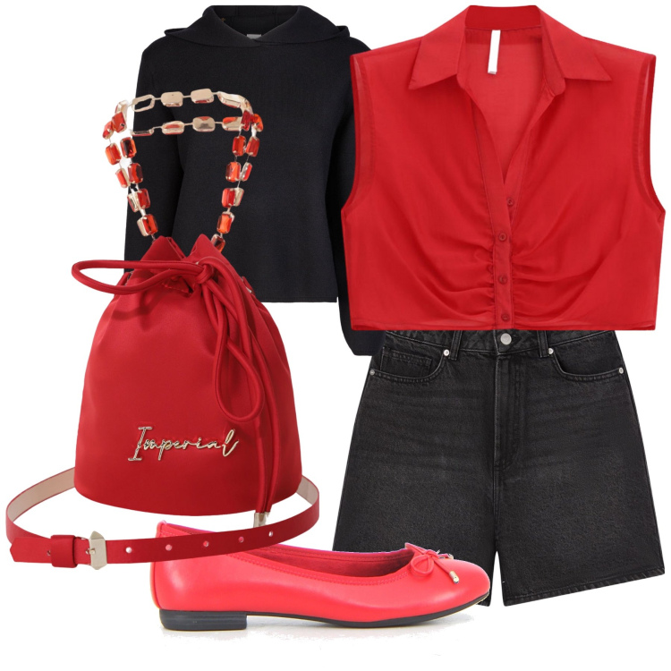 Outfit donna - Le rouge et le noir. Stile Casual chic per Tutti i giorni. Abbinamento con bermuda, top, borse a secchiello, maglieria, ballerine.