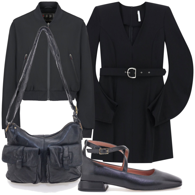 Outfit donna - Comoda borsa di settembre. Stile Basic per Tutti i giorni. Abbinamento con vestiti corti, bomber, borse a tracolla, ballerine.