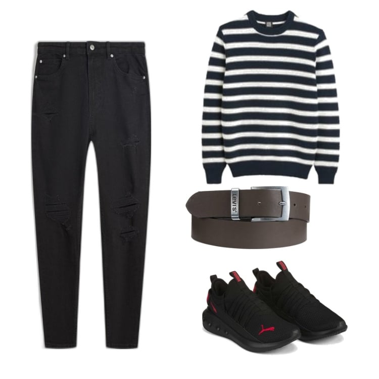 Outfit hombre - Urban #4071. Estilo Urban para Oficina. Combinación con vaqueros rotos, cinturones, prendas de punto, sneakers.