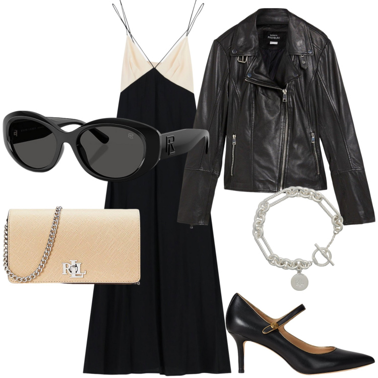 Outfit donna - Diva. Stile Glamour per Serata fuori. Abbinamento con blazer, vestiti lunghi, borse a tracolla, décolleté, braccialetti, occhiali da sole.