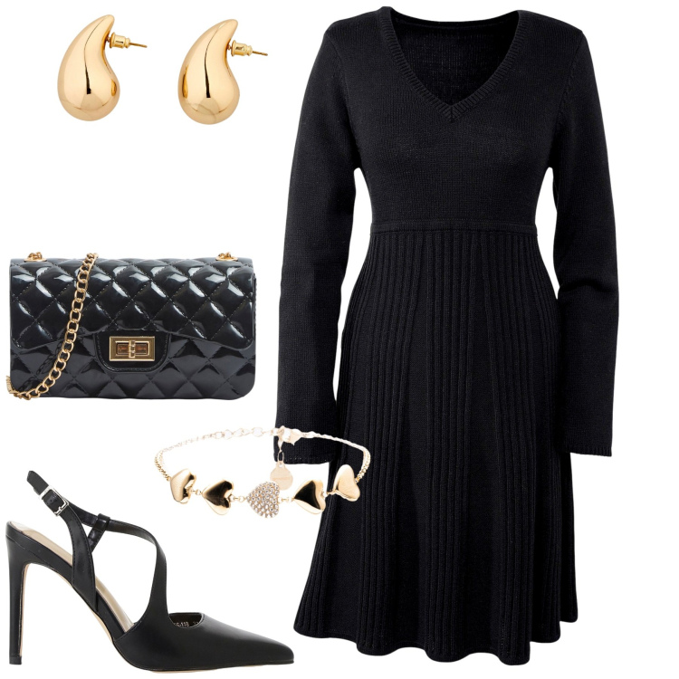 Outfit donna - Minimal chic. Stile Minimal per Tutti i giorni. Abbinamento con vestiti, orecchini, borse a tracolla, décolleté, braccialetti.